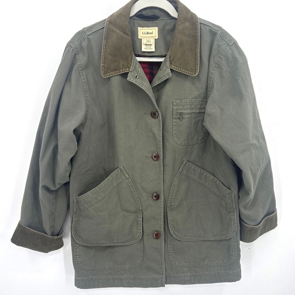 Vintage L.L. Bean Green Denim Canvas Barn Chore Jacket Coat Med Corduroy Collar